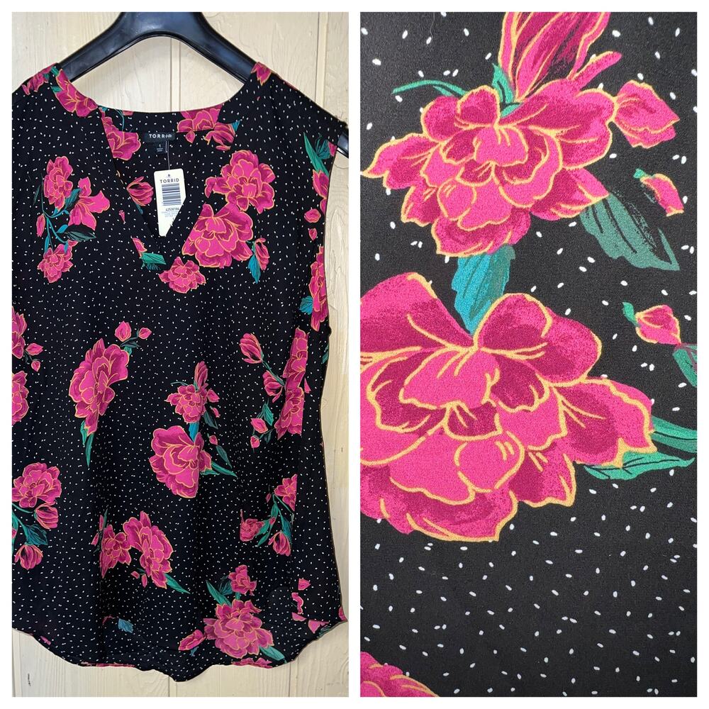 torrid Black Floral V-Neck Blouse with Pink Flowers